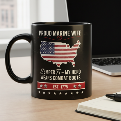 Personalized Proud Marine Wife Mug - Custom "My Hero Wears Combat Boots" Spouse Cup - USA Flag Map Gift