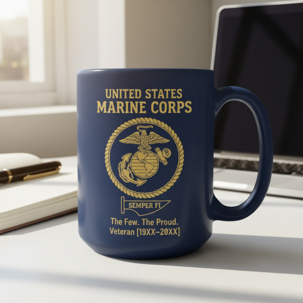 Personalized USMC Semper Fi Pennant Mug - Custom Service Years Marine Cup - The Few The Proud Veteran Gift