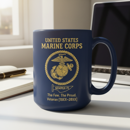 Personalized USMC Semper Fi Pennant Mug - Custom Service Years Marine Cup - The Few The Proud Veteran Gift