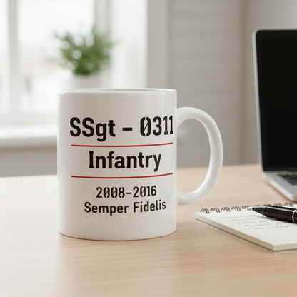 Personalized USMC Rank and MOS White Mug - Custom Marine Service Record Cup - Minimalist Veteran Gift