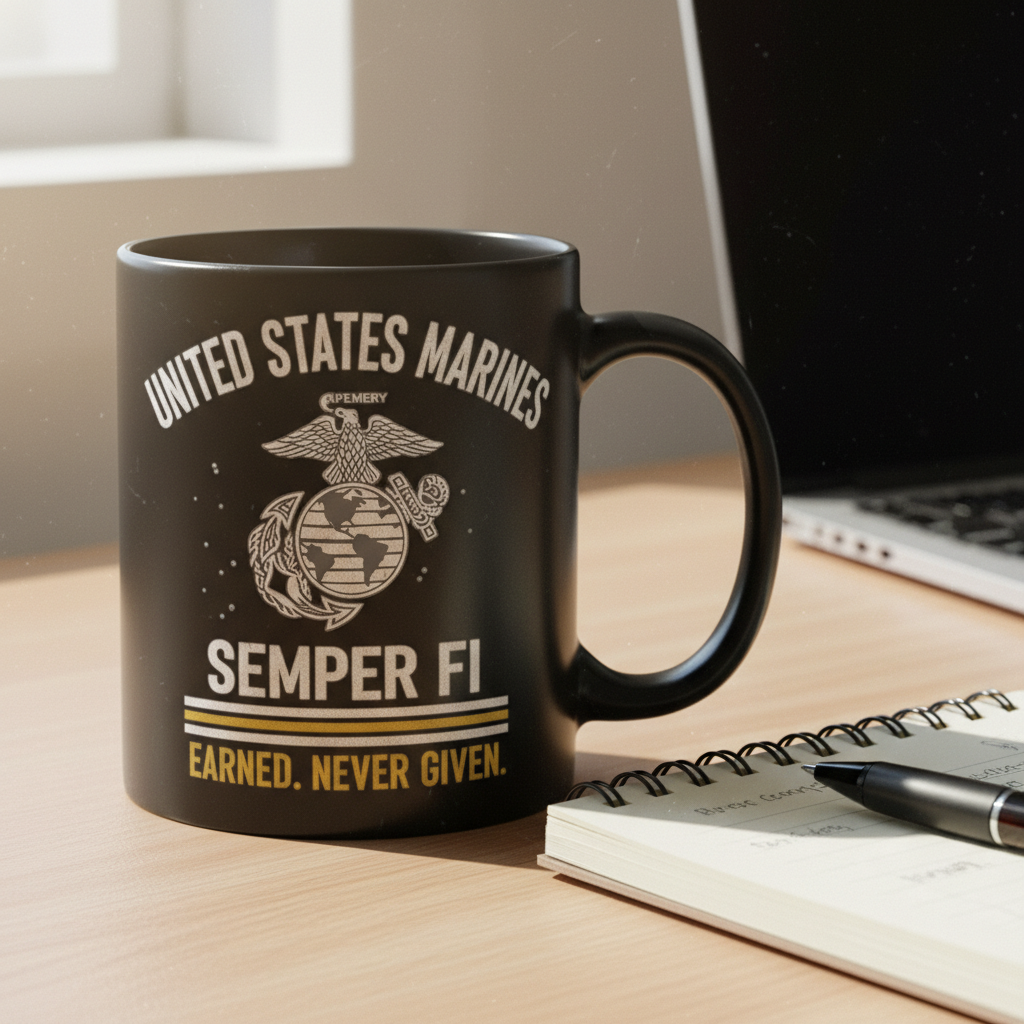 Personalized USMC Semper Fi Mug - Custom Marines EGA Cup - "Earned Never Given" Veteran Gift