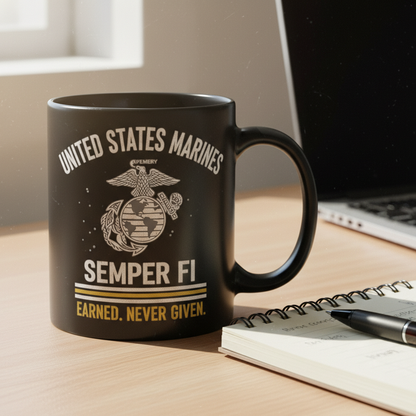Personalized USMC Semper Fi Mug - Custom Marines EGA Cup - "Earned Never Given" Veteran Gift