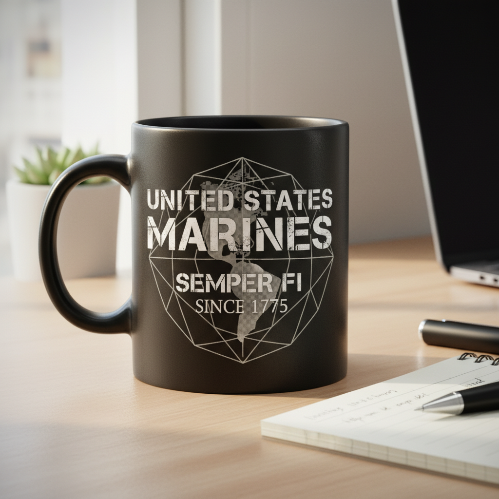 Personalized US Marines Geometric Globe Mug - Custom Distressed Semper Fi Cup - Veteran Gift