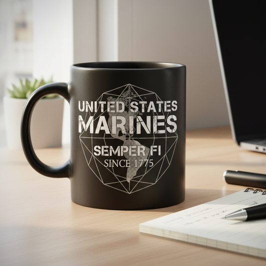 Personalized US Marines Geometric Globe Mug - Custom Distressed Semper Fi Cup - Veteran Gift