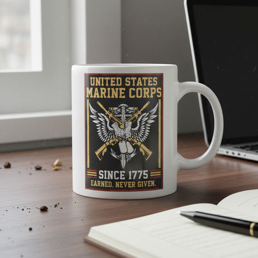 Personalized USMC Rifles & Dog Tags Mug - Custom "Earned Never Given" Marine Cup - Veteran Gift