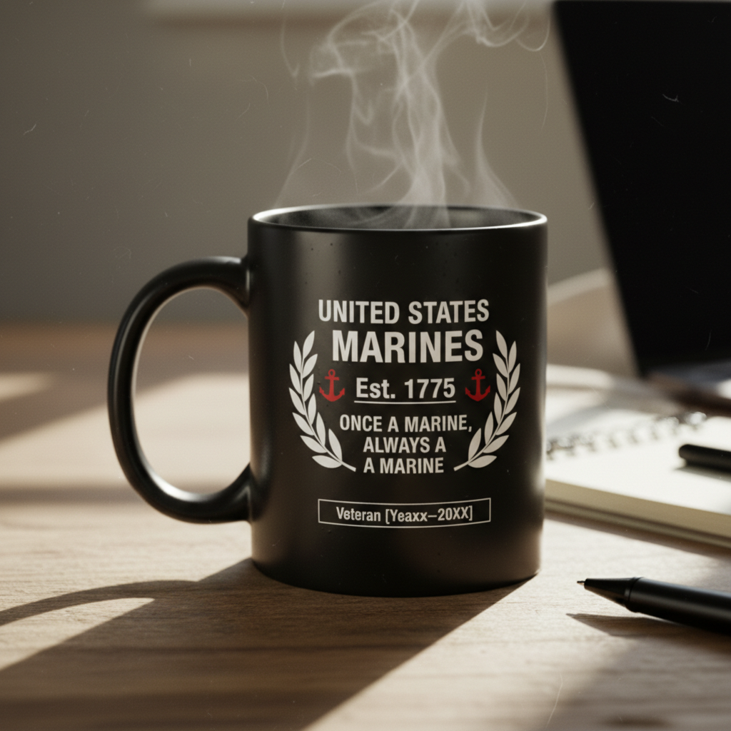 Personalized USMC Laurel Wreath Mug - Custom Service Years Marine Cup - "Always A Marine" Veteran Gift