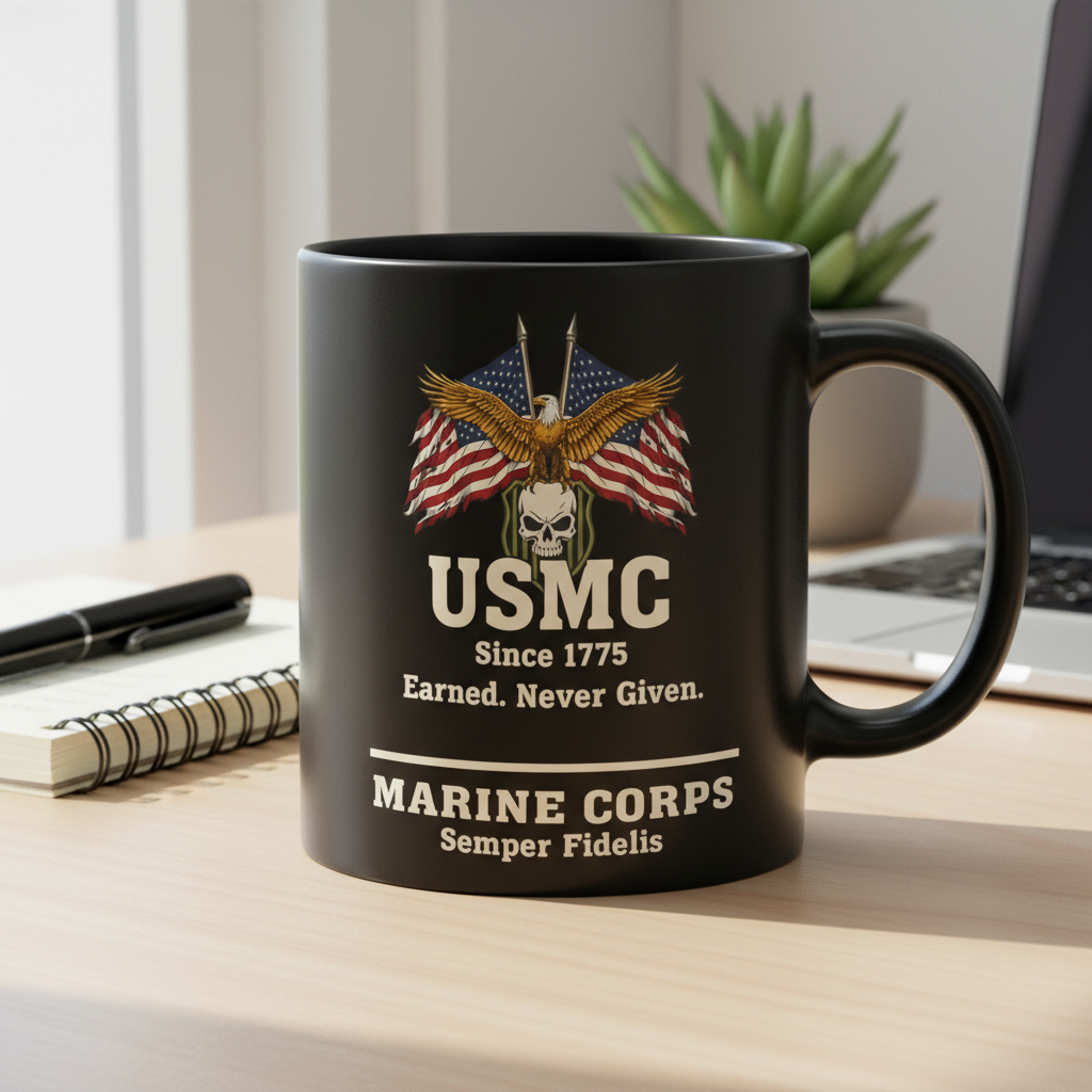 Personalized USMC Skull & Flags Black Mug - Custom "Earned Never Given" Marine Cup - Badass Veteran Gift