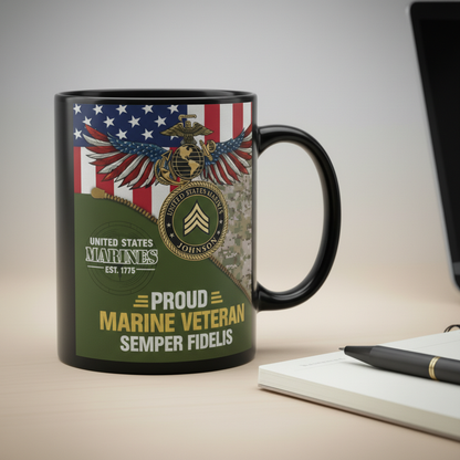 Personalized USMC Unzipped Camo Mug - Custom Name & Rank Marine Patch Cup - Proud Veteran Flag Gift