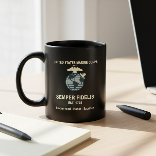 Personalized USMC Semper Fidelis Black Mug - Custom Classic EGA Marine Cup - Brotherhood Honor Sacrifice Gift