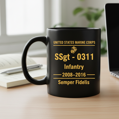 Personalized USMC Rank and MOS Black Mug - Custom Marine Service Record Coffee Cup - Active Duty & Veteran Gift