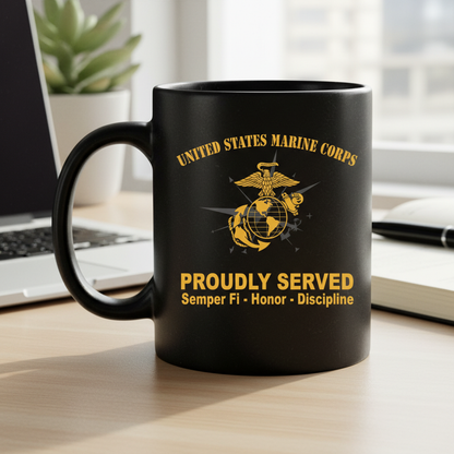 Personalized USMC "Proudly Served" Black Mug - Custom Compass EGA Marine Veteran Cup - Honor Discipline Gift