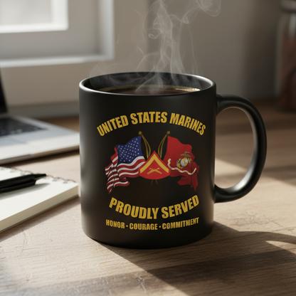 Personalized USMC Crossed Flags Mug - Custom Rank & Core Values Marine Cup - America 250 Veteran Gift