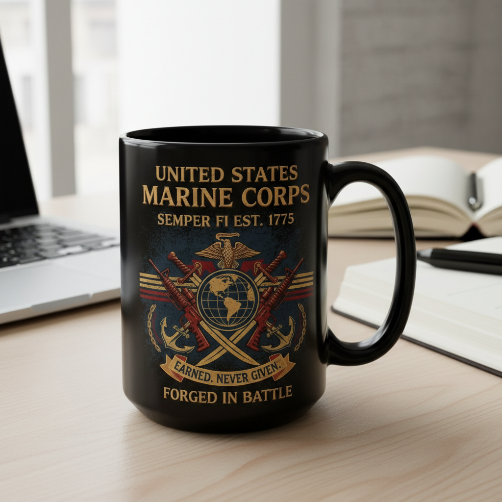 Personalized USMC "Forged In Battle" Black Mug - Custom Crossed Rifles Marine Veteran Cup - Earned Never Given Gift