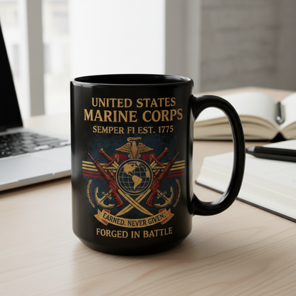 Personalized USMC "Forged In Battle" Black Mug - Custom Crossed Rifles Marine Veteran Cup - Earned Never Given Gift