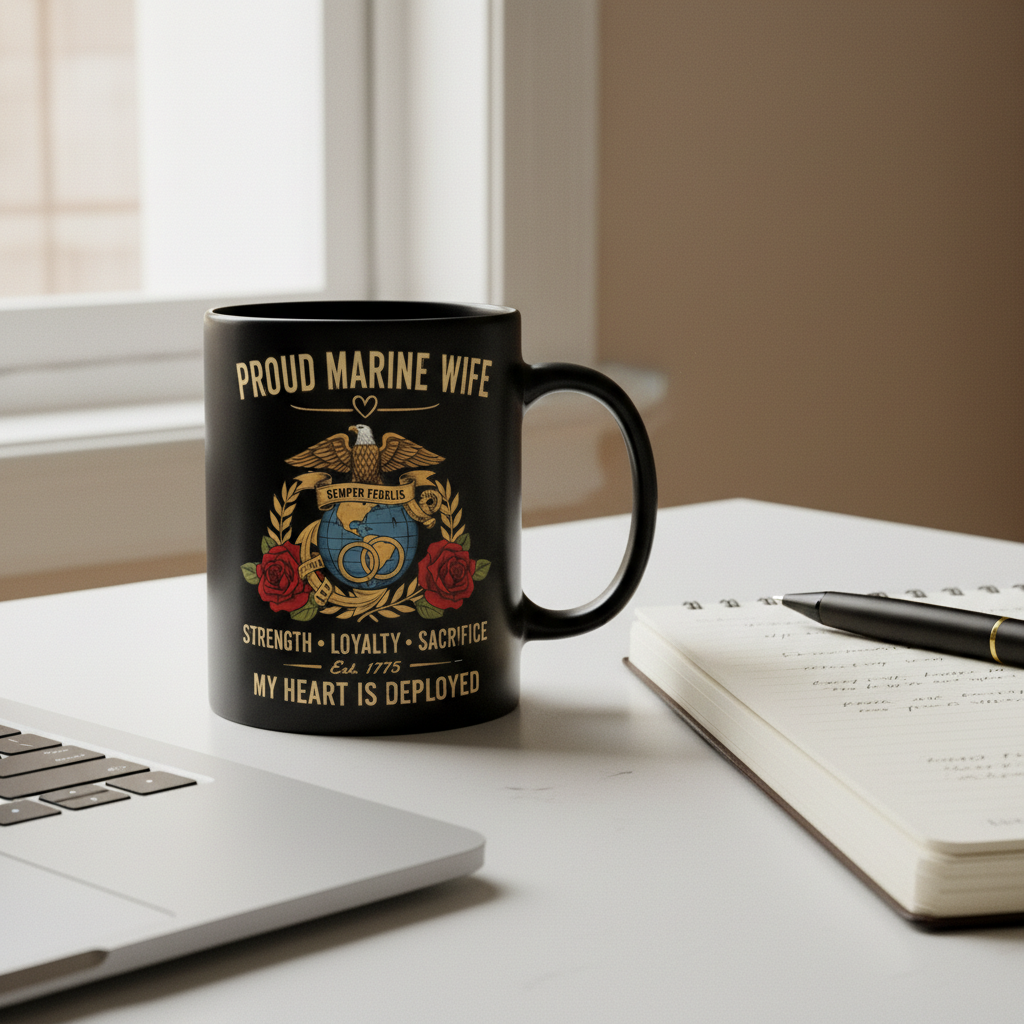Personalized Proud Marine Wife Mug - Custom "My Heart Is Deployed" Wedding Rings Cup - Military Spouse Gift