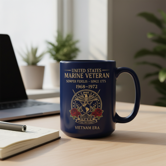 Personalized US Marine Veteran Blue Mug - Custom Vietnam Era Crossed Swords & Roses Coffee Cup