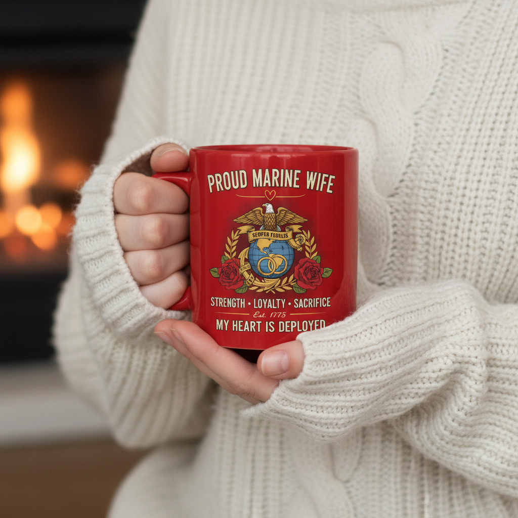 Personalized Marine Wife Globe & Wedding Rings Mug - Custom Red Rose "Strength Loyalty Sacrifice" Coffee Cup