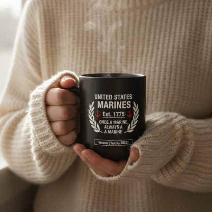 Personalized USMC Laurel Wreath Mug - Custom Service Years Marine Cup - "Always A Marine" Veteran Gift