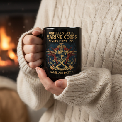Personalized USMC "Forged In Battle" Black Mug - Custom Crossed Rifles Marine Veteran Cup - Earned Never Given Gift