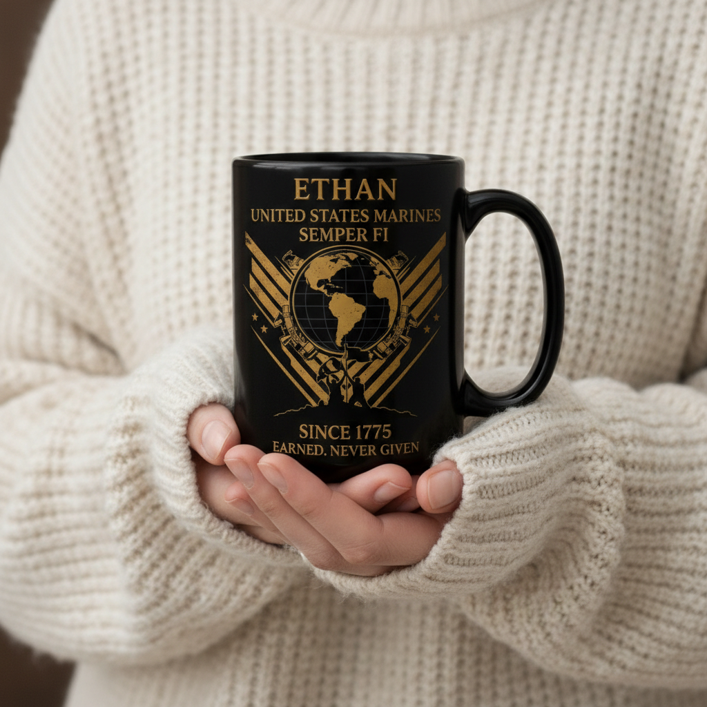 Personalized USMC Iwo Jima Black Mug - Custom Name Marine Veteran Cup - "Earned Never Given" Gift