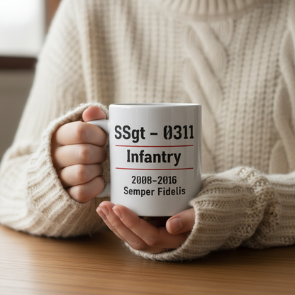 Personalized USMC Rank and MOS White Mug - Custom Marine Service Record Cup - Minimalist Veteran Gift