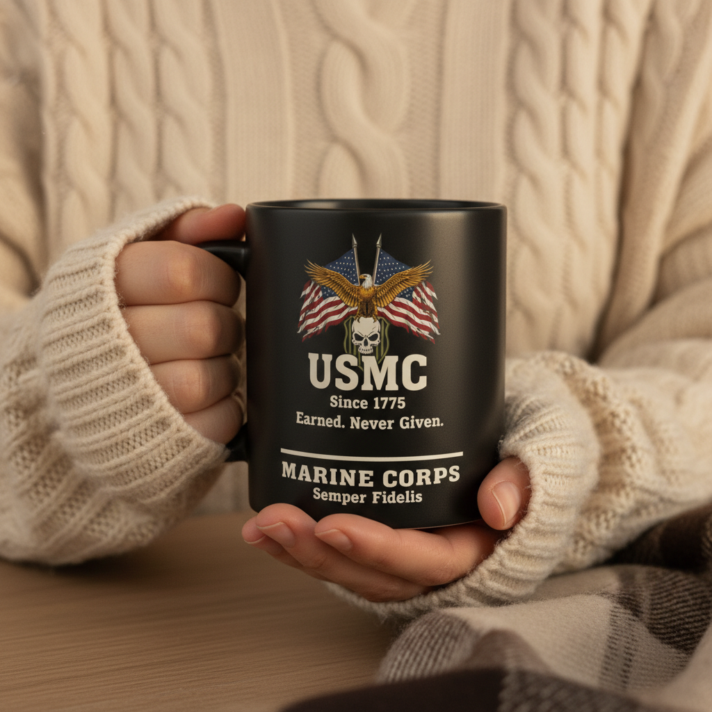 Personalized USMC Skull & Flags Black Mug - Custom "Earned Never Given" Marine Cup - Badass Veteran Gift