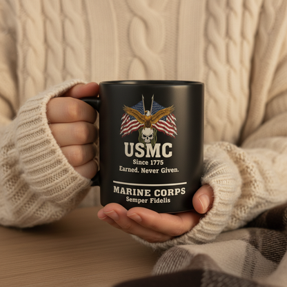 Personalized USMC Skull & Flags Black Mug - Custom "Earned Never Given" Marine Cup - Badass Veteran Gift