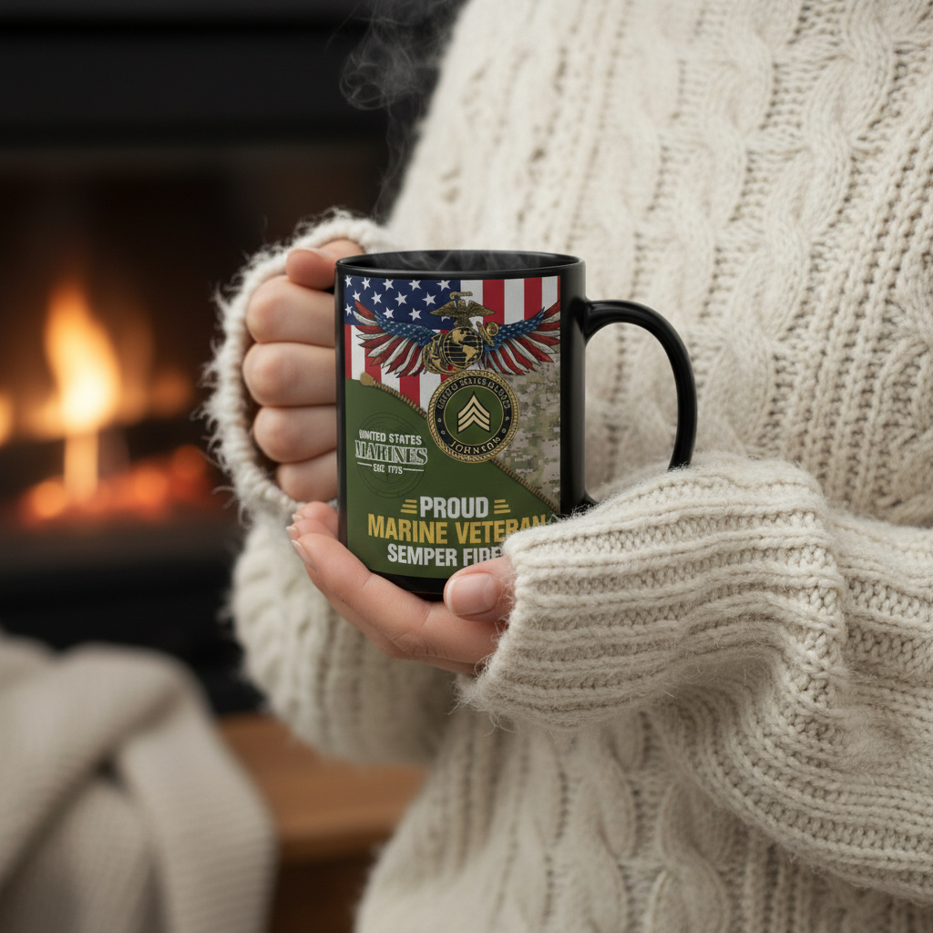 Personalized USMC Unzipped Camo Mug - Custom Name & Rank Marine Patch Cup - Proud Veteran Flag Gift