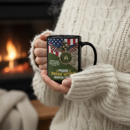 Personalized USMC Unzipped Camo Mug - Custom Name & Rank Marine Patch Cup - Proud Veteran Flag Gift