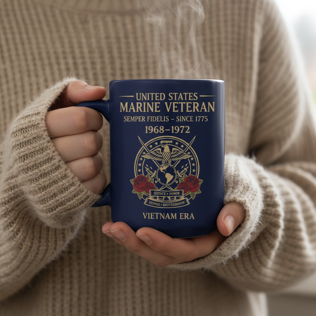 Personalized US Marine Veteran Blue Mug - Custom Vietnam Era Crossed Swords & Roses Coffee Cup
