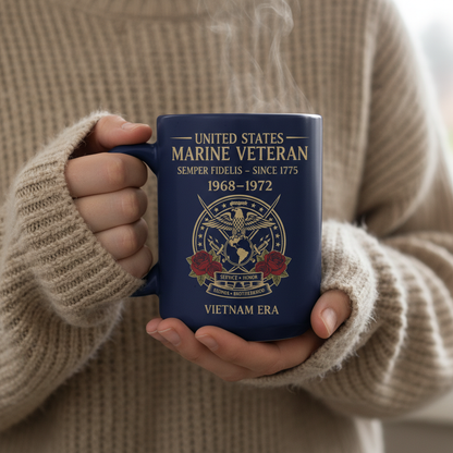 Personalized US Marine Veteran Blue Mug - Custom Vietnam Era Crossed Swords & Roses Coffee Cup