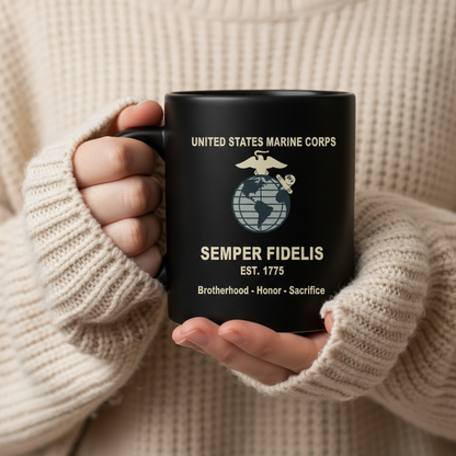 Personalized USMC Semper Fidelis Black Mug - Custom Classic EGA Marine Cup - Brotherhood Honor Sacrifice Gift