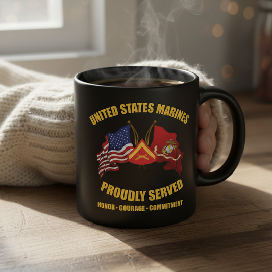 Personalized USMC Crossed Flags Mug - Custom Rank & Core Values Marine Cup - America 250 Veteran Gift