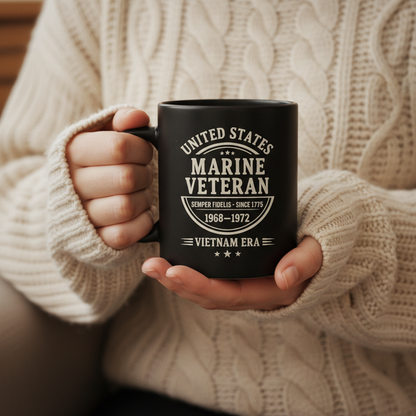 Personalized US Marine Veteran Typography Mug - Custom Service Years Era Cup - Vintage Military Badge Gift
