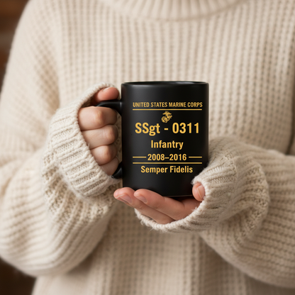 Personalized USMC Rank and MOS Black Mug - Custom Marine Service Record Coffee Cup - Active Duty & Veteran Gift