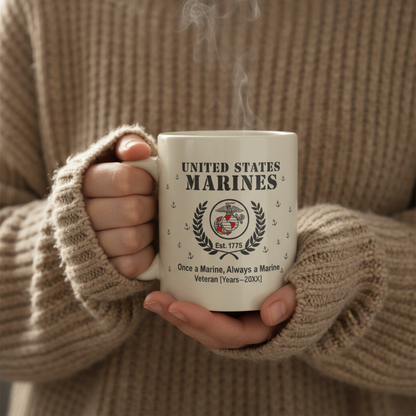 Personalized USMC Anchor Pattern Mug - Custom Service Years Classic Marine Cup