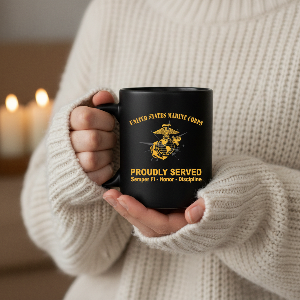 Personalized USMC "Proudly Served" Black Mug - Custom Compass EGA Marine Veteran Cup - Honor Discipline Gift