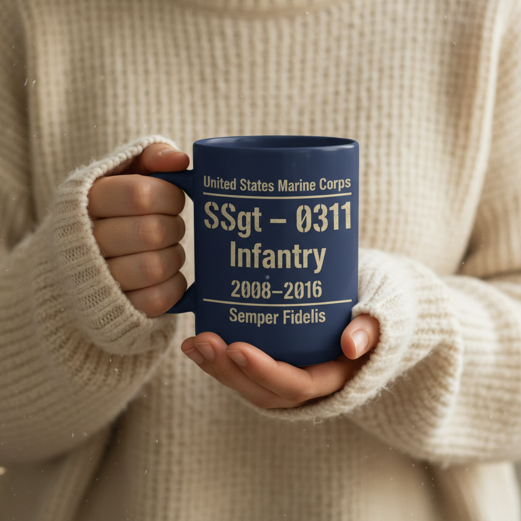Personalized Two-Sided USMC Stencil Mug - Custom MOS & Rank Marine Veteran Cup - OIF / OEF Service Gift