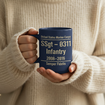 Personalized Two-Sided USMC Stencil Mug - Custom MOS & Rank Marine Veteran Cup - OIF / OEF Service Gift