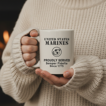 Personalized Minimalist US Marines White Mug - Custom "Proudly Served" Stencil Cup - Semper Fidelis Veteran Gift