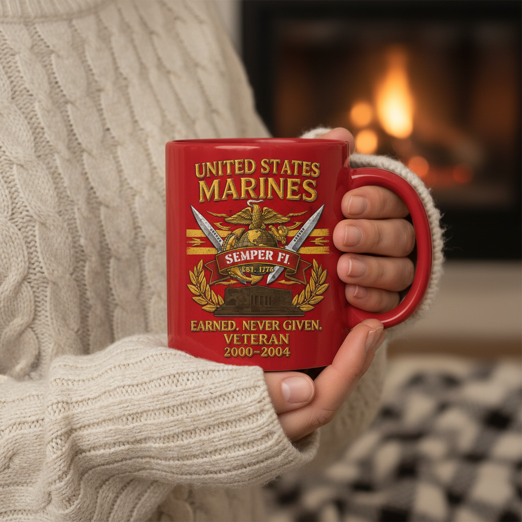 Personalized USMC Crossed Swords Red Mug - Custom Name & Years Marine Veteran Cup - "Earned Never Given" Gift