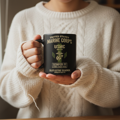 Personalized USMC "Death Before Dishonor" Black Mug - Custom Tactical Marine Veteran Cup - Forged In Battle Gift