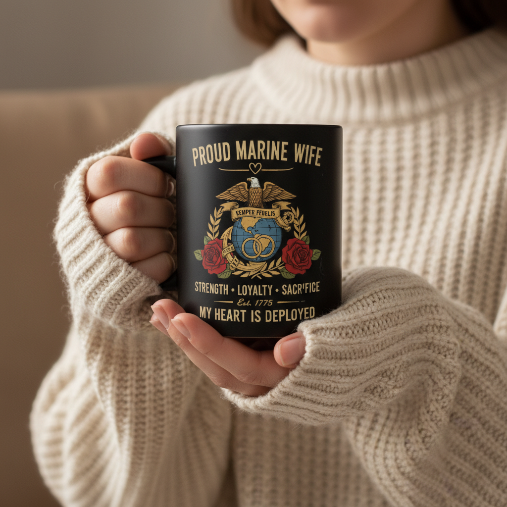 Personalized Proud Marine Wife Mug - Custom "My Heart Is Deployed" Wedding Rings Cup - Military Spouse Gift