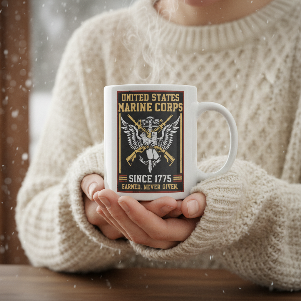 Personalized USMC Rifles & Dog Tags Mug - Custom "Earned Never Given" Marine Cup - Veteran Gift