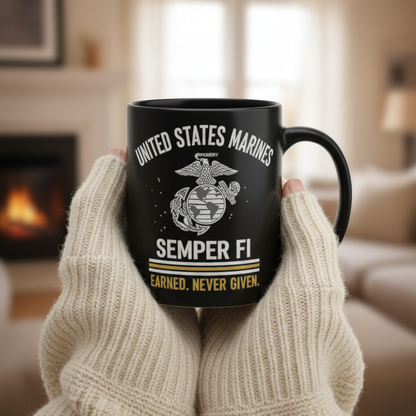 Personalized USMC Semper Fi Mug - Custom Marines EGA Cup - "Earned Never Given" Veteran Gift