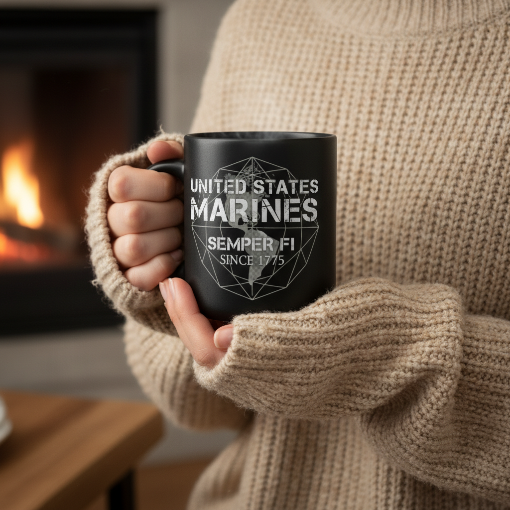 Personalized US Marines Geometric Globe Mug - Custom Distressed Semper Fi Cup - Veteran Gift