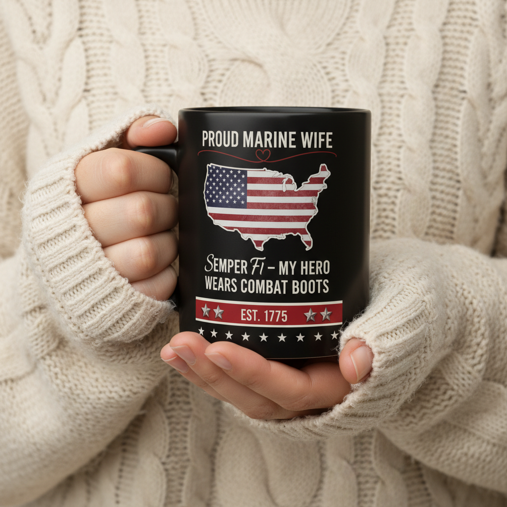 Personalized Proud Marine Wife Mug - Custom "My Hero Wears Combat Boots" Spouse Cup - USA Flag Map Gift