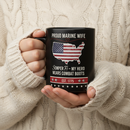 Personalized Proud Marine Wife Mug - Custom "My Hero Wears Combat Boots" Spouse Cup - USA Flag Map Gift
