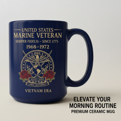 Personalized US Marine Veteran Blue Mug - Custom Vietnam Era Crossed Swords & Roses Coffee Cup