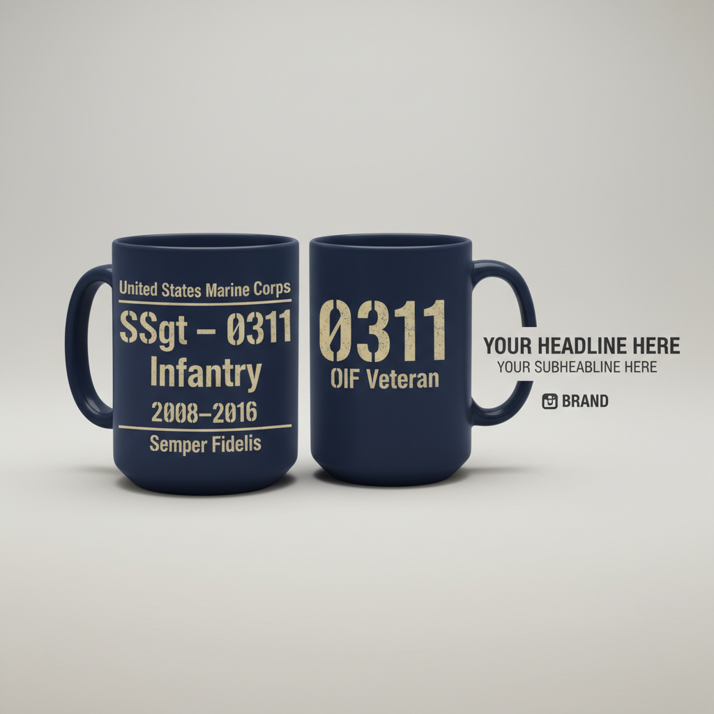 Personalized Two-Sided USMC Stencil Mug - Custom MOS & Rank Marine Veteran Cup - OIF / OEF Service Gift